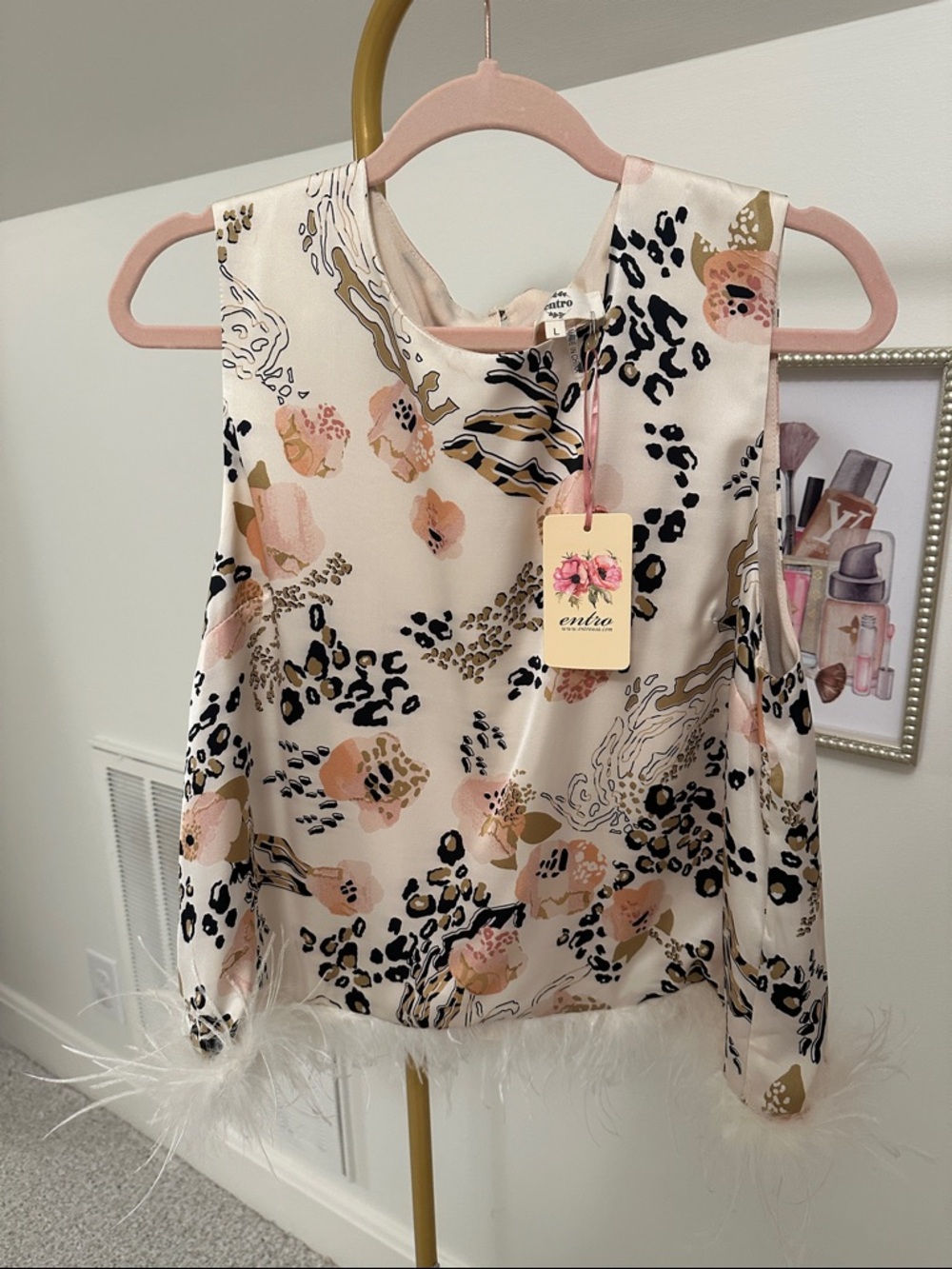 entro Cream Floral & Leopard Feather-Hem Sleeveless Top